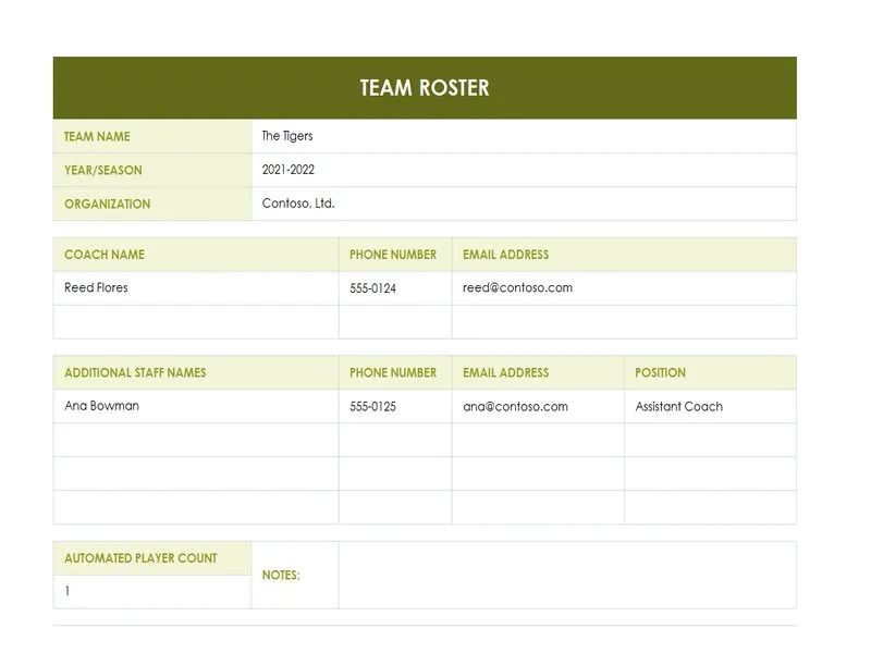 Team Roster Template Excel
